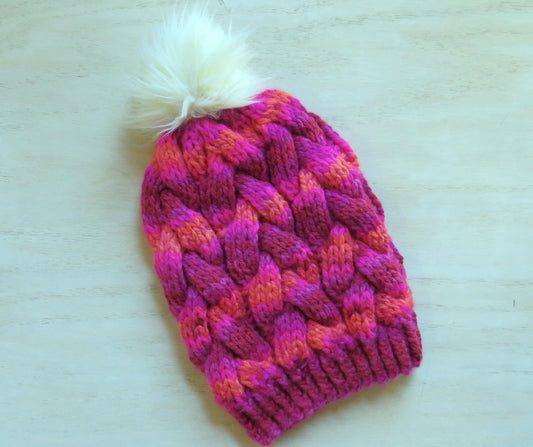 Bright Pop Pink Braided Cable Beanie || Ready to Ship