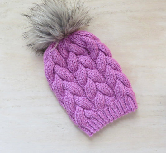 Blackberry Purple Braided Cable Beanie w/ Faux Fur Pom || Ready to Ship