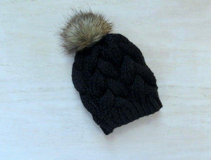 Baby Braided Cable Beanie w/ Faux Fur Pom Multiple Colors || Ready to Ship